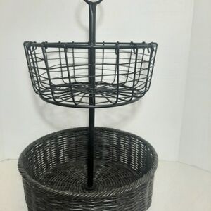 Two-Tier Black Wicker & Metal Basket Organizer